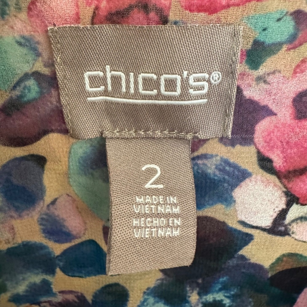 Chicos Floral Ruffle Front Blouse Pink Blue Abstract Sheer Long Sleeve Top 2 - Picture 4 of 6